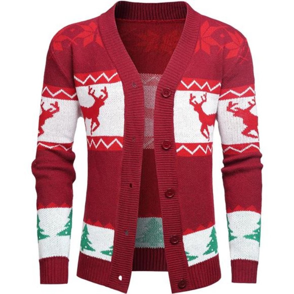 Men's Christmas Sweater Long Sleeve Button-Up Cardigan Polyester Knit Pullover